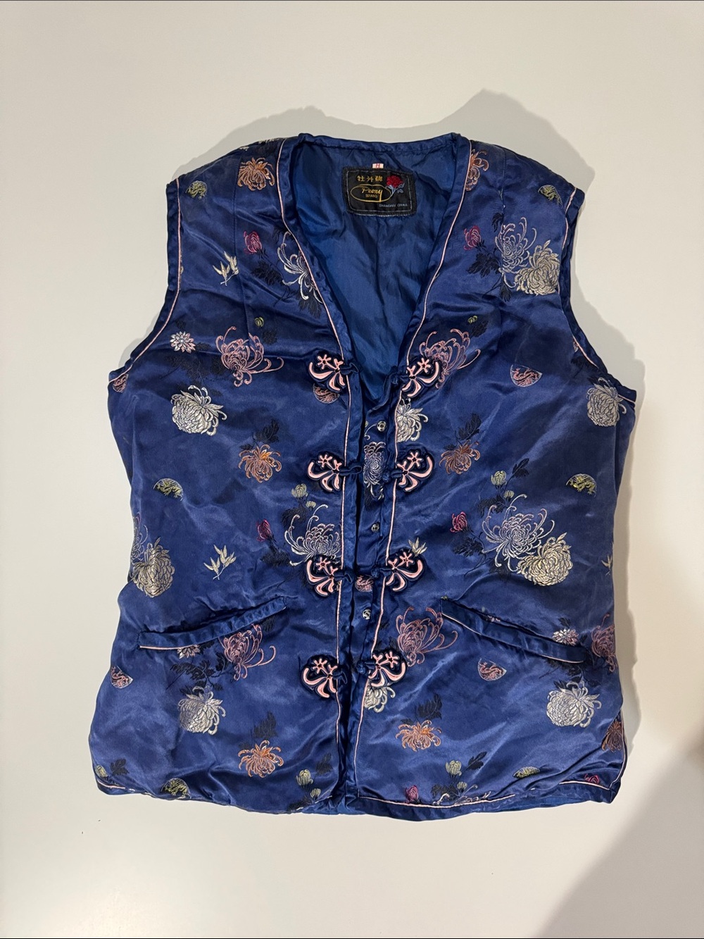 Navy Floral Embroidered Mandarin Vest